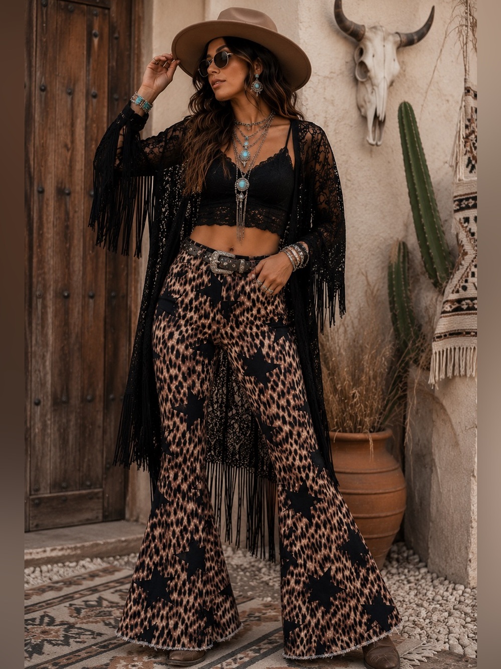 Toast Jeans Leopard Star Print Bell Bottom Jeans Size L Festival Western